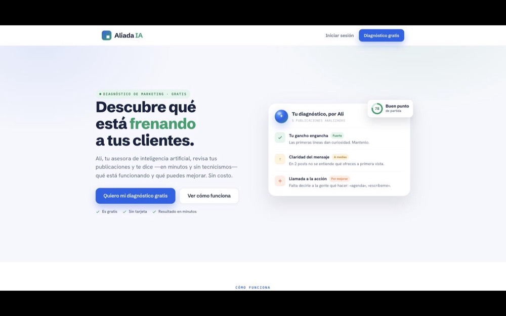 Sitio de Aliada IA: diagnóstico de marketing asistido por inteligencia artificial.