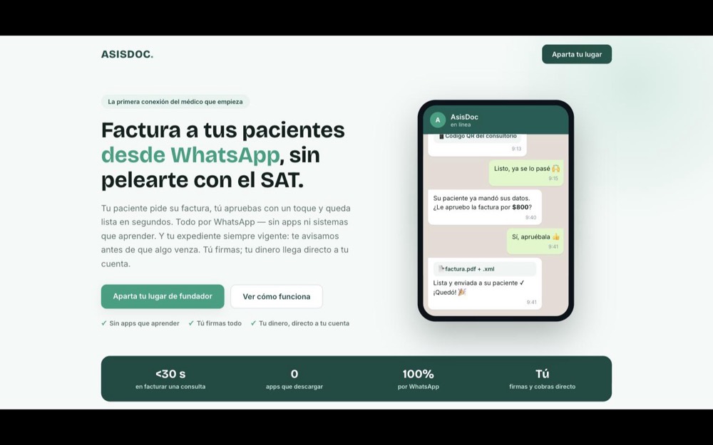 Sitio de AsisDoc: facturación para médicos desde WhatsApp.