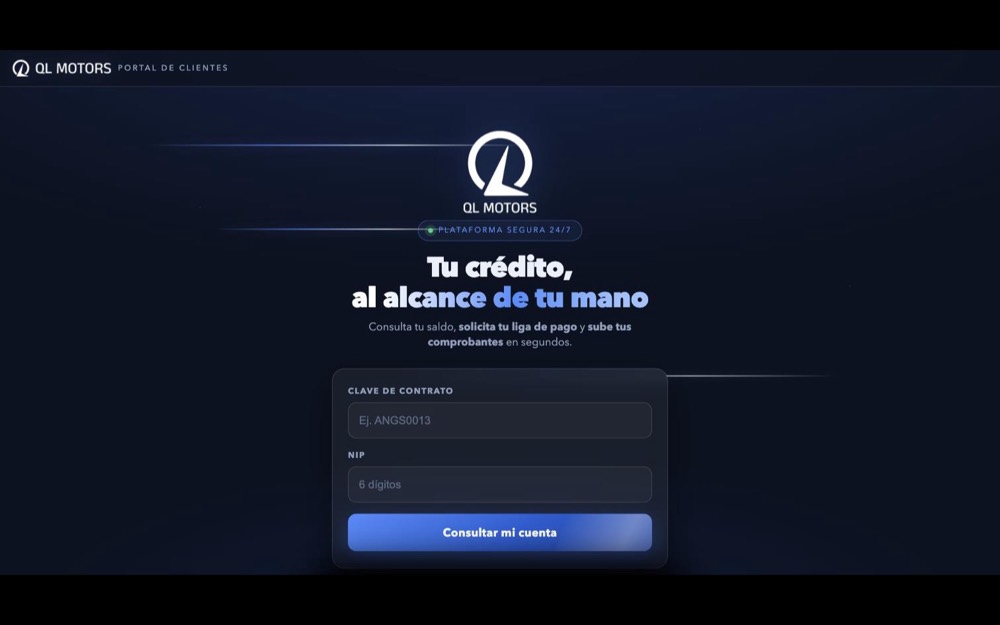Portal de clientes de QL Motors: pantalla de acceso con clave de contrato y NIP.
